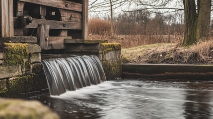 disequilibrium. Ancient watermill with stone grinding wheels by a riverside, rustic wooden structure. safety posters.