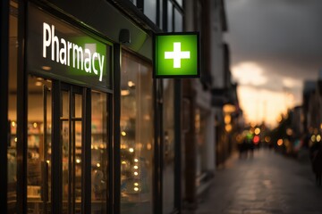 Obraz premium Nighttime storefront signage for a pharmacy with a neon green cross and bold lettering