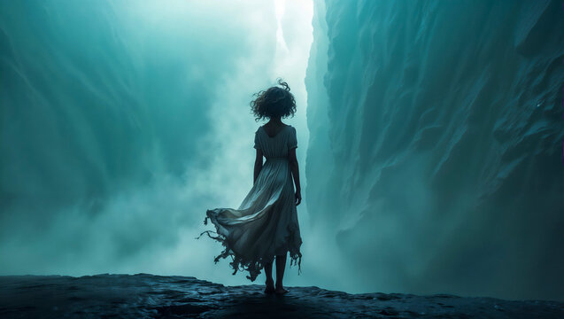 Solitary woman stands gazing into a vast mysterious canyon