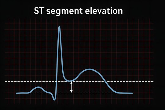High-quality ECG diagram showing ST segment elevation, representing acute myocardial infarction, cardiac ischemia, emergency cardiology, heart attack diagnosis, and clinical ECG interpretation.