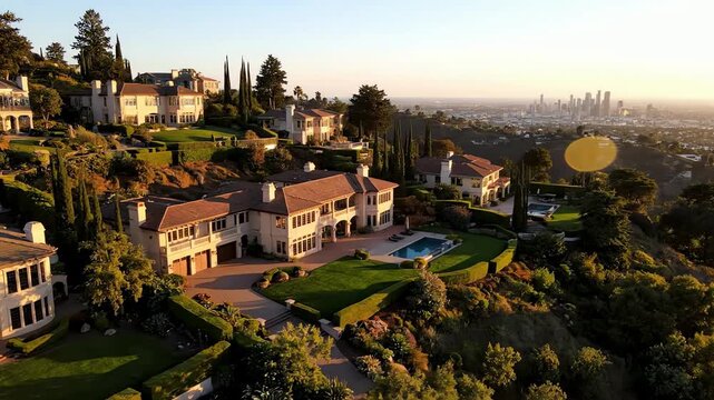 Luxurious hillside mansions overlooking a sprawling city skyline at golden hour