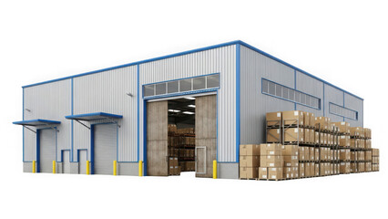 Modern industrial warehouse building with stacked cardboard boxes outside isolated on transparent background