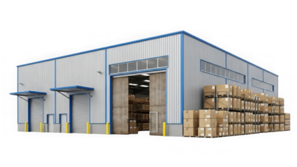 Modern industrial warehouse building with stacked cardboard boxes outside isolated on transparent background