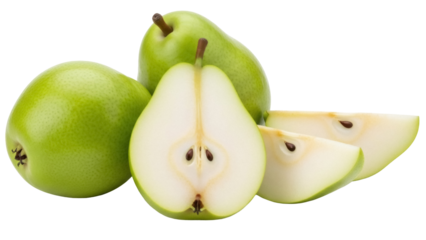 Isolated Fresh Green Pears, Whole, Cut in Half, and Sliced Ready to Eat as a Snack, Delicious Fruit
