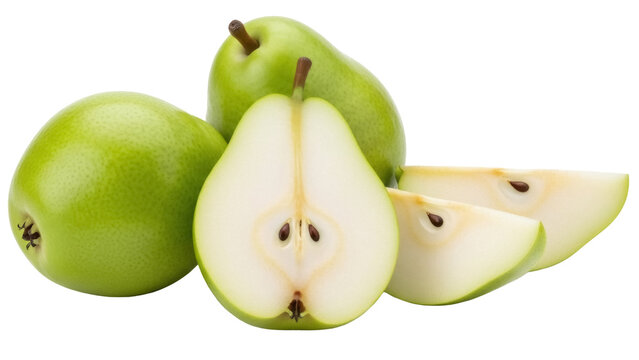 Isolated Fresh Green Pears, Whole, Cut in Half, and Sliced Ready to Eat as a Snack, Delicious Fruit