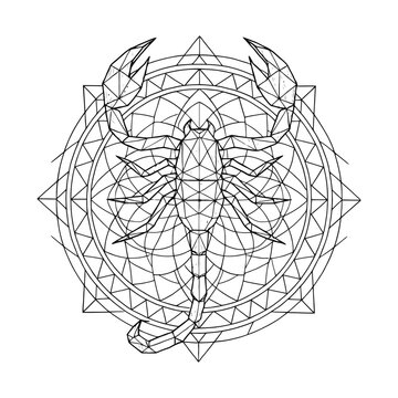 Geometric scorpion design with intricate mandala patterns.