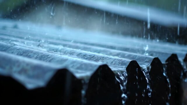 Close up shot of heavy rain falling on a corrugated metal roof creating a peaceful natural soundscape