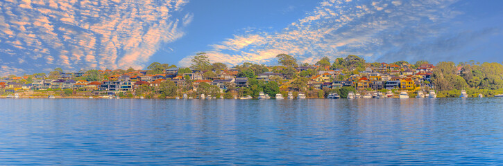 Fototapeta premium view of Parramatta River Sydney Harbour between Balmain Gladesville Birkin Head Point and Roselle on the Bay Run Sydney NSW Australia