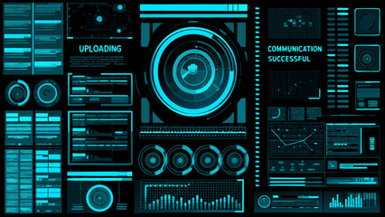Futuristic interface display with glowing blue data visualizations and uploading status © Bikas