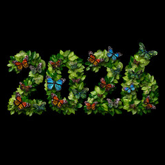 Happy New Year 2026 made of green leaves with butterflies - eco-friendly nature concept.