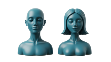 Isolated serene female figurines with closed eyes in blue teal color, calming and meditative