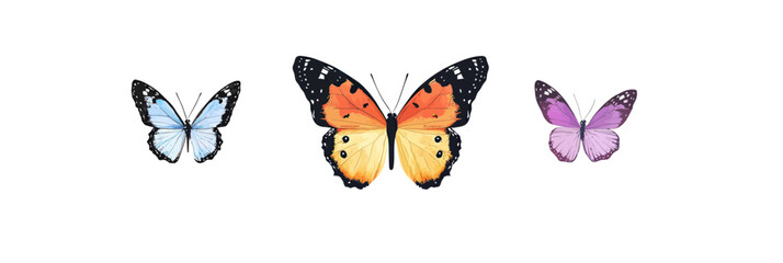 Fototapeta premium Three colorful butterflies with detailed wings isolated on white background in flat minimalist vector style featuring blue, orange, and purple insects for nature design