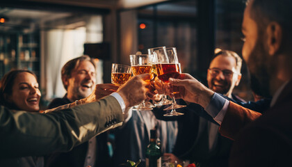 祝賀の乾杯 温かく親密な雰囲気の中で、黄金色のドリンクを片手に優雅にグループで乾杯し、友情と祝賀の雰囲気を盛り上げます