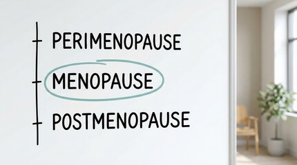 Menopause stages list on whiteboard with highlighted term for health education.