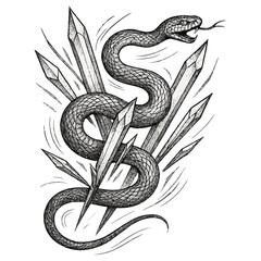 Obraz premium Intricate snake wrapped around sharp crystals in detailed black and white tattoo design.