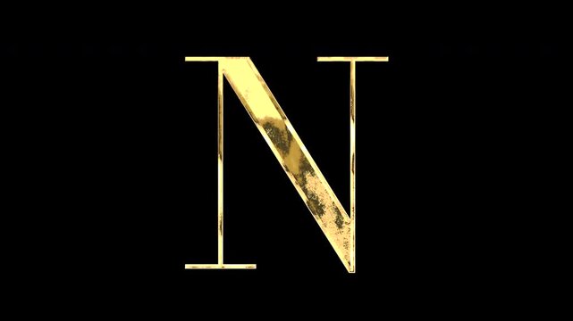 Gold uppercase alphabet &ldquo;N&rdquo;, Serif, light reflecting and patterns shifting, alpha channel