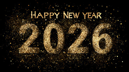 Happy New Year 2026 text with festive golden sparkles, clean modern style, celebratory mood, minimal composition.