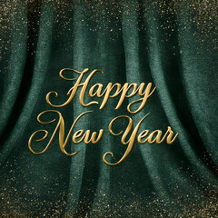 Happy New Year golden text on a green curtain background, sparkling glitter accents, festive elegant design.
