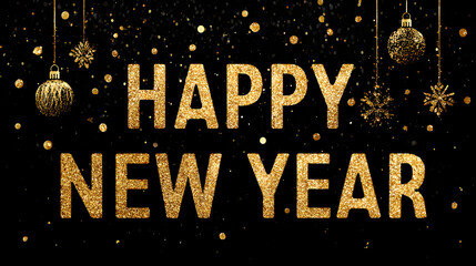 "Happy New Year" text with golden glitter and festive decorations, elegant holiday greeting card style.
