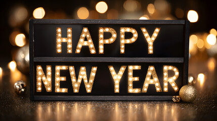 "Happy New Year" lightbox message with luxury gold party decorations, elegant festive celebration, modern stylish design.
