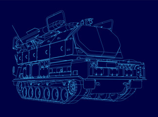 Detailed blueprint of a military tank with a rocket launcher turret and visible tracks. The technical contour drawing is isolated on a solid blue background for high contrast. © German Ovchinnikov