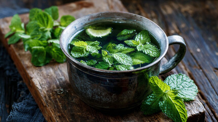 Refreshing Mint Water in a Clear Glass Cup, Herbal Beverage, Healthy Drink