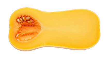 Isolated Butternut Squash Half, Autumn Harvest Vegetable, Yellow Flesh, Seeds, Healthy Ingredient