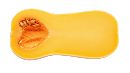 Isolated Butternut Squash Half, Autumn Harvest Vegetable, Yellow Flesh, Seeds, Healthy Ingredient