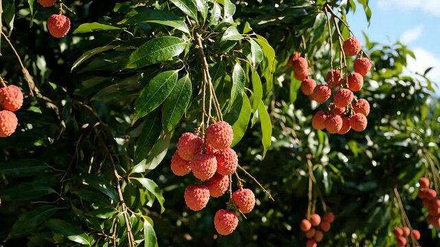 Close-up of ripe lychee fruit clusters hanging from a lush green tree branch in warm sunlight