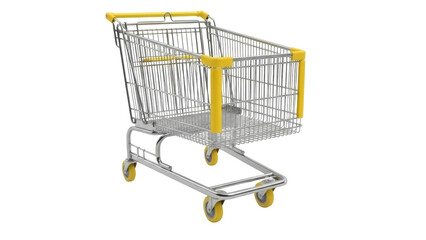 Isolated empty shopping cart in chrome and yellow stands ready for retail purchases