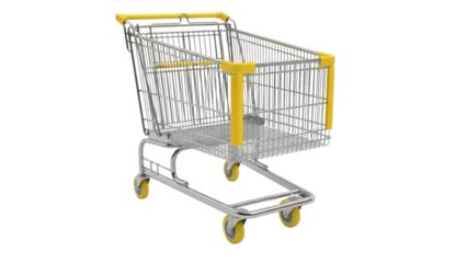 Isolated empty shopping cart in chrome and yellow stands ready for retail purchases