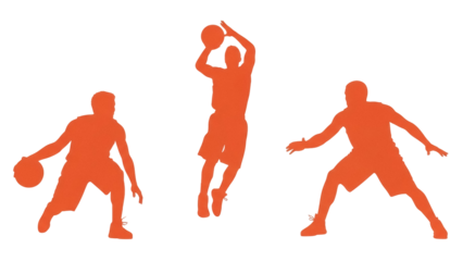 Isolated Silhouette of Basketball Players Posing in Action Moves, Reaching for Ball and Dribbling
