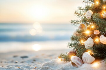 Seashell christmas tree on tropical beach with festive lights at sunset