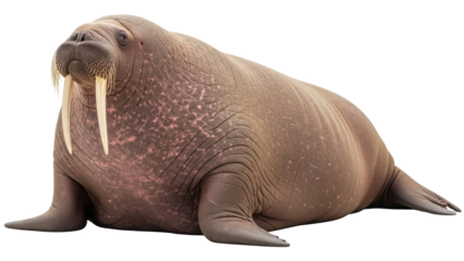 Isolated Walrus Resting on Ground Looking at Camera with Tusks Visible, Animal Life