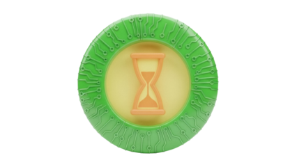 Isolated hourglass coin with circuit pattern for future, time, science, progress