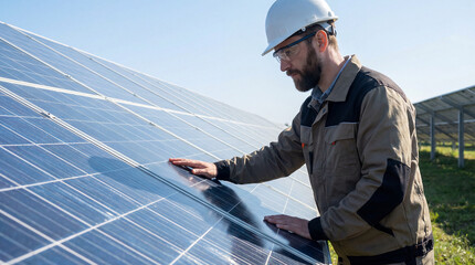 Bearded Engineer Touching Solar Panel