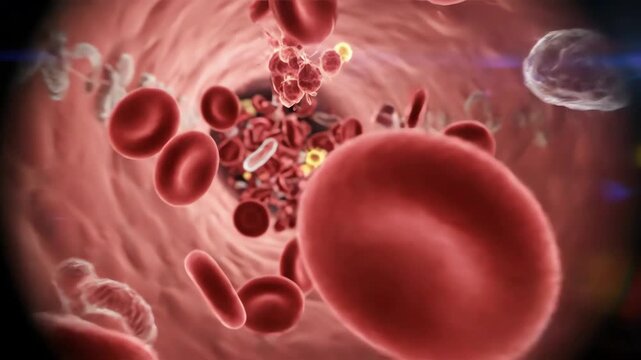 A realistic 3D medical animation showing the flow of red blood cells, white blood cells, and platelets inside a human blood vessel.