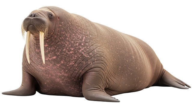 Isolated Walrus Resting on Ground Looking at Camera with Tusks Visible, Animal Life