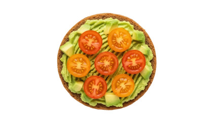 Isolated avocado toast with sliced cherry tomatoes on round whole wheat bread slice