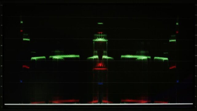 Scanner lines analyzer, visualizing picture range spectrum. Full frame, abstract RGB waveform, displaying complex sound or video data on a retro screen