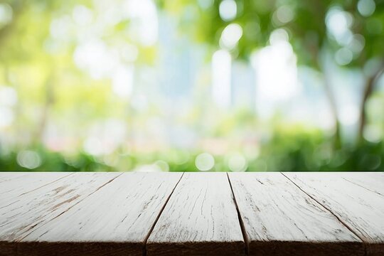 Empty wooden table with blurred city park on background