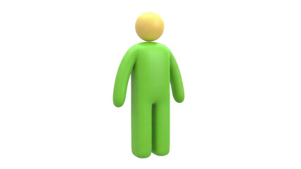 Isolated person in green with yellow head, standing attentively and alone, three-dimensional