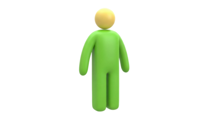 Isolated person in green with yellow head, standing attentively and alone, three-dimensional