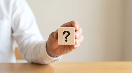 A person holds a wooden block with a question mark, conveying curiosity and inquiry. This image can be used to represent puzzlement