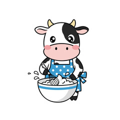 Cute cartoon cow baking with a whisk and bowl.
