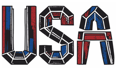 Vivid, stained-glass style typography forms the abbreviation USA using bold red, white, and blue panels. A textured, geometric design ideal for patriotic campaigns