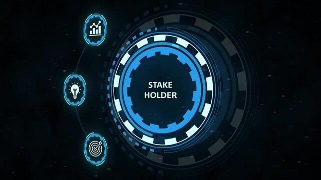 Futuristic hud element with stakeholder text in blue digital interface on dark background. Business, Technology, Internet and network concept.