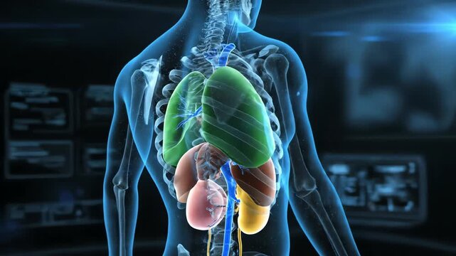 Futuristic 3D medical scan animation showing human internal organs rotating in a holographic display