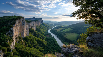 Mountain view above clouds flowers and blooming bushes at sunset sunbeams. Calm close-up beautiful landscape, screensaver background, Beautiful panorama. Summer vacation, holiday, amazing nature.
