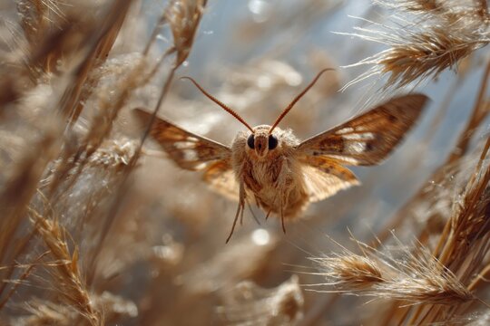 Close up macro shot of a moth on dry grass